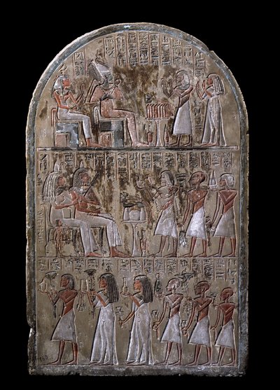 Antiquite egípcia: estela do casal Maia, a defunta oferta apresenta aos deuses. 18ª dinastia. Da Capela da Maia, Deir el-Medineh (el Medineh), Novo Império Dim. 67 cm Turim, Museu Egípcio de Egyptian 18th Dynasty