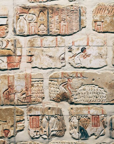 Civilização egípcia, fragmentos do Muro de Talatat, do templo de Amenhotep IV em Karnak, Luxor, Egito de Egyptian 18th Dynasty