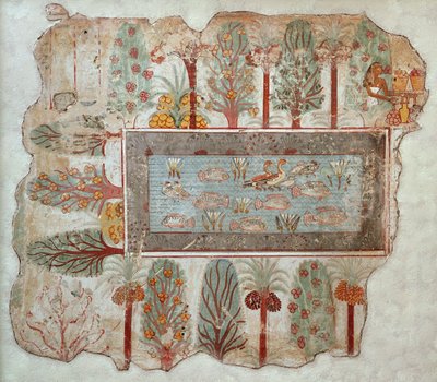 Jardim de uma propriedade privada com uma piscina ornamental, parte da pintura da parede do túmulo de Nebamun, Tebas, Novo Reino, c.1350 aC (gesso pintado) de Egyptian 18th Dynasty
