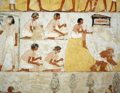 Colheita, debulha e neve de grãos, detalhe de afrescos no vestíbulo do Túmulo de Menna, Sheikh Abd el Qurnah Necropolis, Luxor, Tebas (Lista do Patrimônio Mundial da Unesco de Egyptian 18th Dynasty