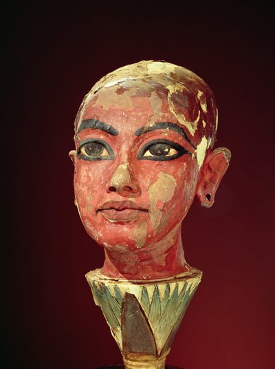 Cabeça do rei criança emergindo de uma flor de lótus, do túmulo de Tutankhamon (c.1370-1352 aC) Novo reino (estuque e madeira pintada) (ver também 149406) de Egyptian 18th Dynasty