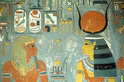 Horemheb e Hathor, do túmulo de Horemheb (c.1323-1295 aC) Novo Reino (pintura de parede) (detalhe de 218340) de Egyptian 18th Dynasty