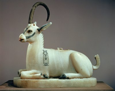 Tampa de um frasco de unguento na forma de um íbex, do túmulo de Tutancâmon (c.1370-52 aC) Novo Reino (alabastro pintado) de Egyptian 18th Dynasty