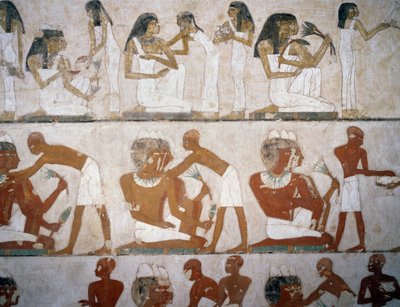 Homens e mulheres a colocar jóias, detalhe dos frescos do Túmulo de Rekhmire, Sheikh Abd el Qurnah Necropolis, Luxor, Thebes (Lista do Património Mundial da Unesco de Egyptian 18th Dynasty