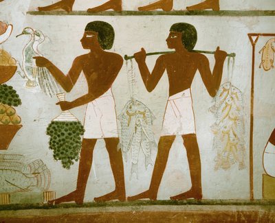 Homens transportam fruta e alimentos para os defuntos de Egyptian 18th Dynasty