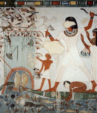 Menna e a sua família a pescar e a aves nos pântanos do Nilo, detalhe dos frescos da capela do Túmulo de Menna, Sheikh Abd el Qurnah Necropolis, Luxor, Thebes (Lista do Património Mundial da Unesco de Egyptian 18th Dynasty