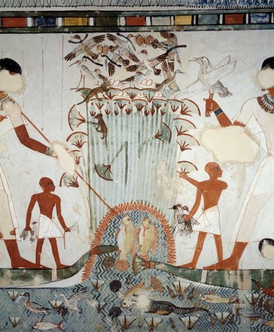 Menna e a sua família a pescar e a aves nos pântanos do Nilo, detalhe dos frescos da capela do Túmulo de Menna, Sheikh Abd el Qurnah Necropolis, Luxor, Thebes (Lista do Património Mundial da Unesco de Egyptian 18th Dynasty