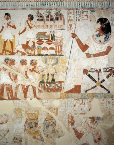Menna supervisionando seus trabalhadores nos campos, detalhe de afrescos no vestíbulo do Túmulo de Menna, Sheikh Abd el Qurnah Necropolis, Luxor, Tebas (Lista do Patrimônio Mundial da Unesco de Egyptian 18th Dynasty