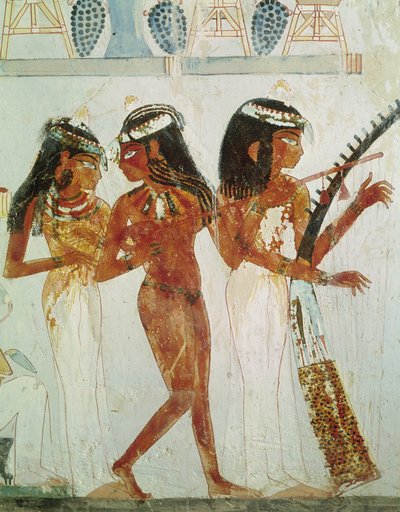 Músicos e um dançarino, do túmulo de Nakht, New Kingdom (pintura de parede) de Egyptian 18th Dynasty
