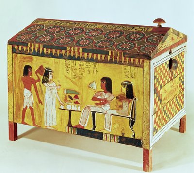 Peito pintado com uma cena de banquete do túmulo de Kha (dc1390-52 aC) encontrado em Deir el-Medina, Novo Reino (madeira) de Egyptian 18th Dynasty