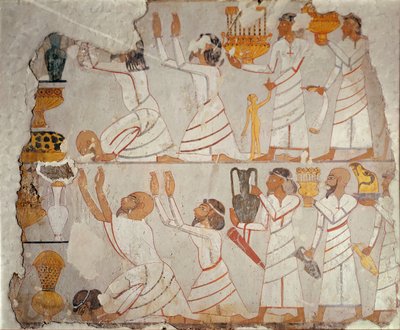 Parte de um túmulo pintado, c.1400 a.C. (gesso pintado sobre pedra) de Egyptian 18th Dynasty