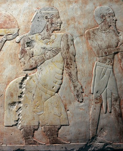 Rainha de Punt, cena de pormenor representando a expedição à Terra de Punt, relevo pintado, colunata de Punt, templo mortuário de Hatshepsut, Deir el-Bahari, necrópole de Tebas (Lista do Património Mundial da Unesco de Egyptian 18th Dynasty