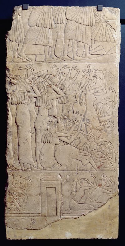 Cena de lamentação durante um enterro, de Sakkara, New Kingdom, c.1330 aC (calcário) de Egyptian 18th Dynasty