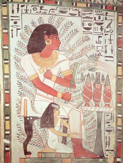 Sennefer sentado com sua esposa, Meryt, do túmulo de Sennefer, New Kingdom (pintura de parede) de Egyptian 18th Dynasty