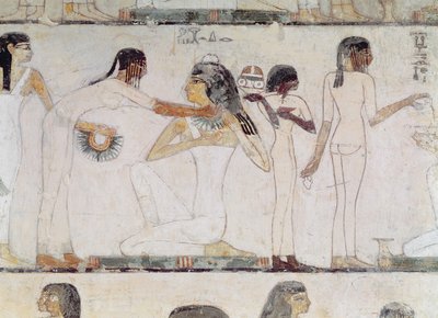 O banheiro de nobres, do túmulo de Rekhmire, vizir de Tuthmosis III e Amenhotep II, New Kingdom (pintura de parede) de Egyptian 18th Dynasty