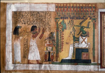 O falecido Kha e sua esposa adoram Osíris, senhor do além - Papiro do Livro dos Mortos, da câmara funerária do arquiteto Kha de Egyptian 18th Dynasty
