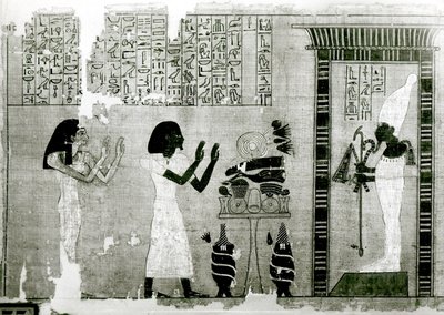 O falecido acompanhado por sua irmã vai homenagear Osíris, detalhe do Livro dos Mortos, Novo Reino (papiro) de Egyptian 18th Dynasty