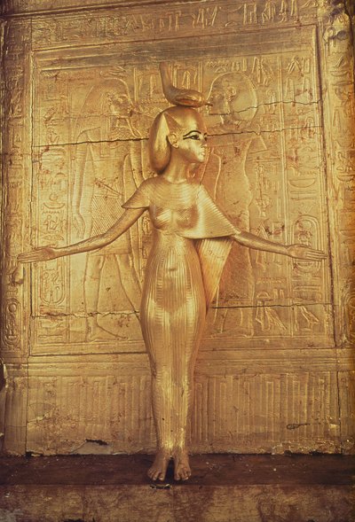 A deusa Selket no santuário canópico, do túmulo de Tutancâmon (c.1370-1352 aC) Novo Reino (madeira dourada) (ver também 228567) de Egyptian 18th Dynasty
