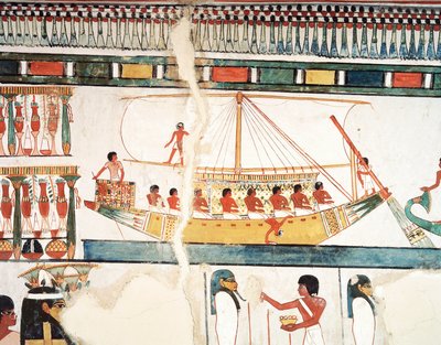 A nave solar, detalhe da peregrinação a Abydos, fresco, parede norte, longa sala de jantar, Theban Tomb TT69, Sheikh Abd el-Qurna, Thebes (Lista do Património Mundial da Unesco de Egyptian 18th Dynasty