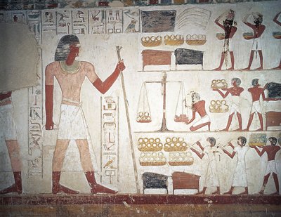A pesagem de cobre, fresco, Túmulo de Userhat, tutor e escriba durante o reinado de Amenhotep II, também conhecido como túmulo TT56, Sheikh Abd el-Qurna, Tebas (Lista do Património Mundial da Unesco de Egyptian 18th Dynasty