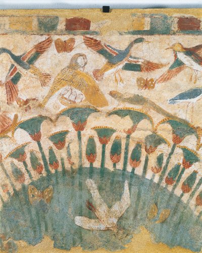 Pintura mural representando a flora e a fauna dos pântanos ao longo do rio Nilo, do túmulo de Neferhetep, pormenor de Egyptian 18th Dynasty