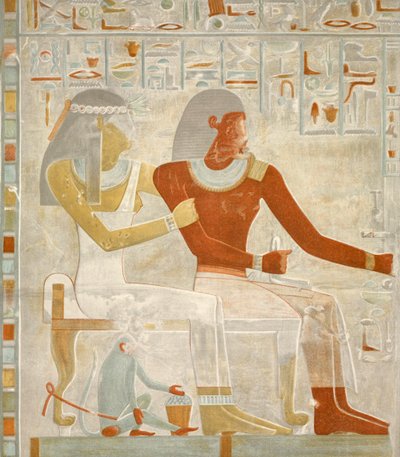 ilustração do fresco Paheri e sua esposa Henut-er-neheh do túmulo de Paheri em El Kab, Egito, imagem publicada em 1895 (Impressão) de Egyptian 18th Dynasty