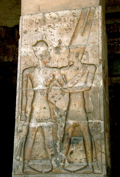 Arte Egípcia Antiga: Alívio baixo na coluna do templo de Sethi I (Sety ou Seti I de Egyptian 19th Dynasty