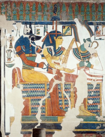 Anubis, Osíris e Nefertari, da segunda câmara do Túmulo de Nefertari, detalhe (fresco) de Egyptian 19th Dynasty