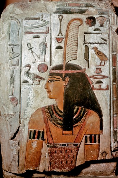 Arte do Egipto: Túmulo de Sethi I (KV 17). Maat, deusa da verdade e da justiça e hieróglifos de Egyptian 19th Dynasty