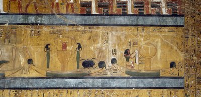 Barcos com amantes, deusas e escaravelho, deus com pena de avestruz e lua em caixa, afresco do grande Salão do Túmulo Hipostilo de Seti I, Vale dos Reis, Luxor, Tebas (Unesco Unesco de Egyptian 19th Dynasty