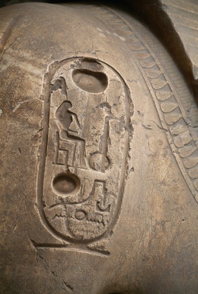 Cartela no braço, gravura do Colosso de Ramsés II, Mênfis (Lista do Património Mundial da UNESCO de Egyptian 19th Dynasty