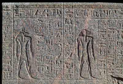Representação de Anúbis, pormenor da inscrição e relevo de Anúbis e de outro deus, sarcófago de Amenhotep, Mênfis, Egito, Novo Reino, Dinastia XIX de Egyptian 19th Dynasty