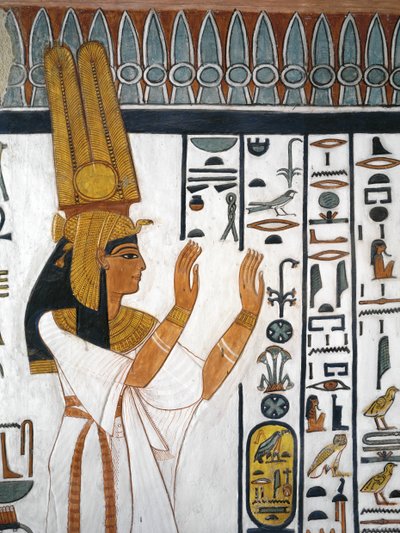 Egipto, Tebas, Luxor, Vale das Rainhas, Túmulo de Nefertari, pintura mural da Rainha recitando fórmula mortuária na câmara funerária da 19ª dinastia de Egyptian 19th Dynasty
