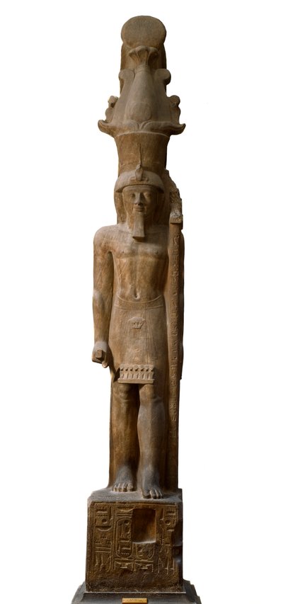 Antiquito egípcio: estátua do faraó Sethi II (Seti ou Sety) (1200-1194 a.C.) da 19ª dinastia em gres rosa, carrega um ceptro com o símbolo do deus Amon, Dim. 465 cm. Museu Egípcio de Turim. de Egyptian 19th Dynasty