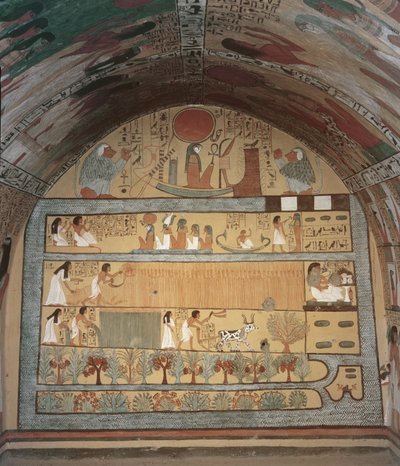 Cena de colheita na parede leste, do túmulo de Sennedjem, a vila dos trabalhadores, novo Reino (pintura de parede) de Egyptian 19th Dynasty