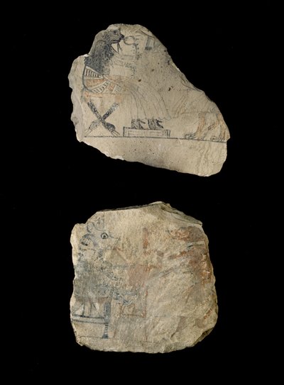 Ostraca de calcário com desenhos humorísticos em tinta vermelha e preta (calcário pintado com tinta preta e vermelha) de Egyptian 19th Dynasty