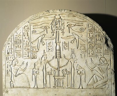 Estela de calcário de Perinefer, com Ísis e Neftis adorando um fetiche que representa Osíris, de Abydos, reinado de Ramsés II de Egyptian 19th Dynasty