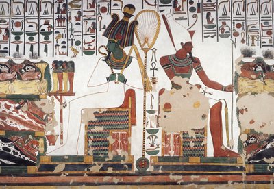 Osiris e Atum, fresco, parede leste, câmara do lado leste, Túmulo de Nefertari (QV66), Vale das Rainhas, Tebas (Lista do Patrimônio Mundial da Unesco) de Egyptian 19th Dynasty
