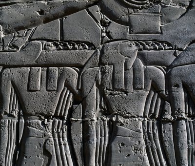Sacerdote com máscara de falcão, pormenor de cena representando Ramsés II em frente de um barco sagrado, relevo, paredes interiores do Grande Salão Hipostilo, complexo do templo de Karnak (Lista do Património Mundial da Unesco de Egyptian 19th Dynasty