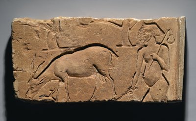 Relevo representando um cabreiro com uma cabra e árvores, possivelmente de Tell el-Amarna, Novo Império, 1350-1333 aC (calcário) de Egyptian 19th Dynasty