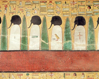 Relevo retratando deuses de cabeça negra no submundo, a partir do túmulo de Seti I (r.1294-1279 aC) Novo Reino (calcário pintado) de Egyptian 19th Dynasty