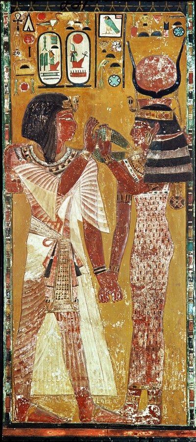 Relevo retratando a deusa Hathor colocando a coleira mágica em Seti I (c.1394-1279 aC) Novo reino (calcário pintado) de Egyptian 19th Dynasty