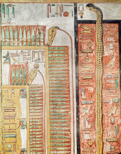Relevo retratando o caminho que os mortos devem atravessar para a vida após a morte, a partir do túmulo de Seti I (c.1294-1279 aC) Novo Reino (calcário pintado) de Egyptian 19th Dynasty