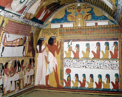 Sennedjem e sua esposa enfrentam um naos contendo doze divindades, da parede oeste da tumba de Sennedjem, a vila dos trabalhadores, New Kingdom (pintura de parede) de Egyptian 19th Dynasty