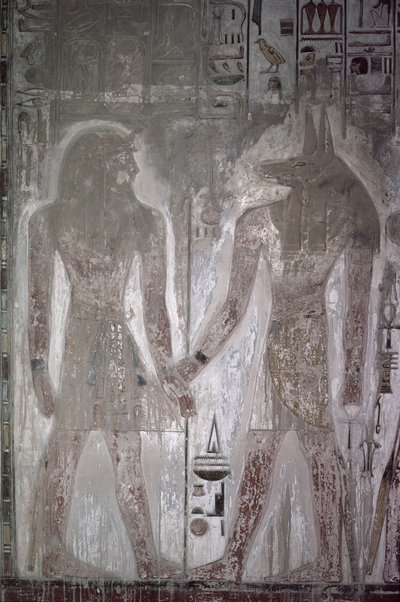 Seti I (1303-1290 aC) e Anúbis na Tumba de Seti, Novo Reino (pintura mural) de Egyptian 19th Dynasty
