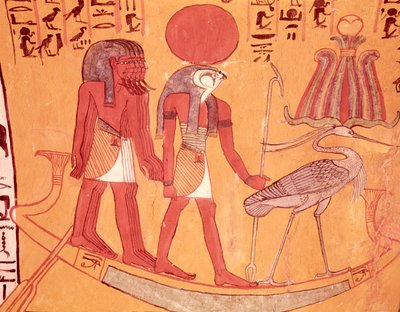 Barca solar com Re-Horakhty, o pássaro benu e quatro outras divindades, do Túmulo de Sennedjem, a Vila dos Trabalhadores, o Novo Reino (pintura de parede) de Egyptian 19th Dynasty