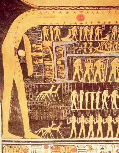Detalhe do livro do dia do teto da câmara funerária do túmulo de Ramsés VI (r.1143-1136 aC) Novo Reino (pintura de parede) de Egyptian 20th Dynasty
