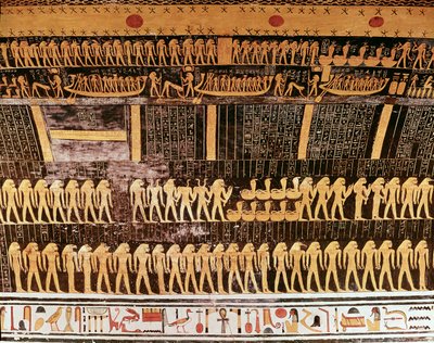 Detalhe do livro do dia do teto da câmara funerária do túmulo de Ramsés VI (r.1143-1136 aC) Novo Reino (pintura de parede) de Egyptian 20th Dynasty