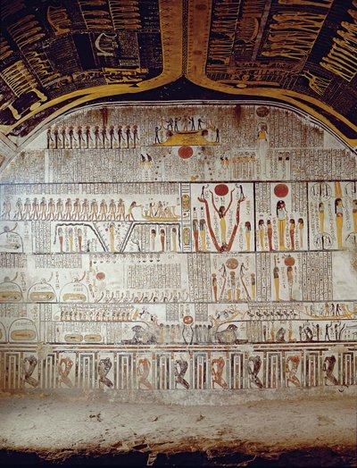 Detalhe do Livro da Terra, da câmara sepulcral do Túmulo de Ramesses VI (r.1143-1136 a.C.) Novo Reino (pintura de parede) de Egyptian 20th Dynasty