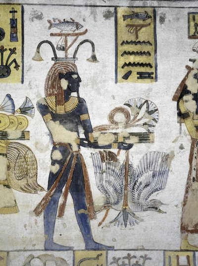Egito, Tebas, Luxor, Vale dos Reis, Túmulo de Ramsés III, pintura mural de oferendas rituais, da vigésima dinastia de Egyptian 20th Dynasty